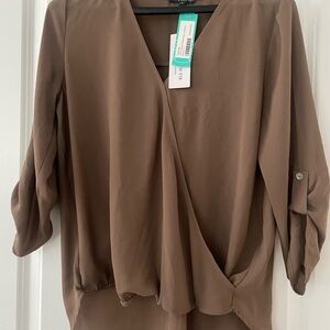 Brown Wrap Top with V-Neck and Relaxed Sleeves